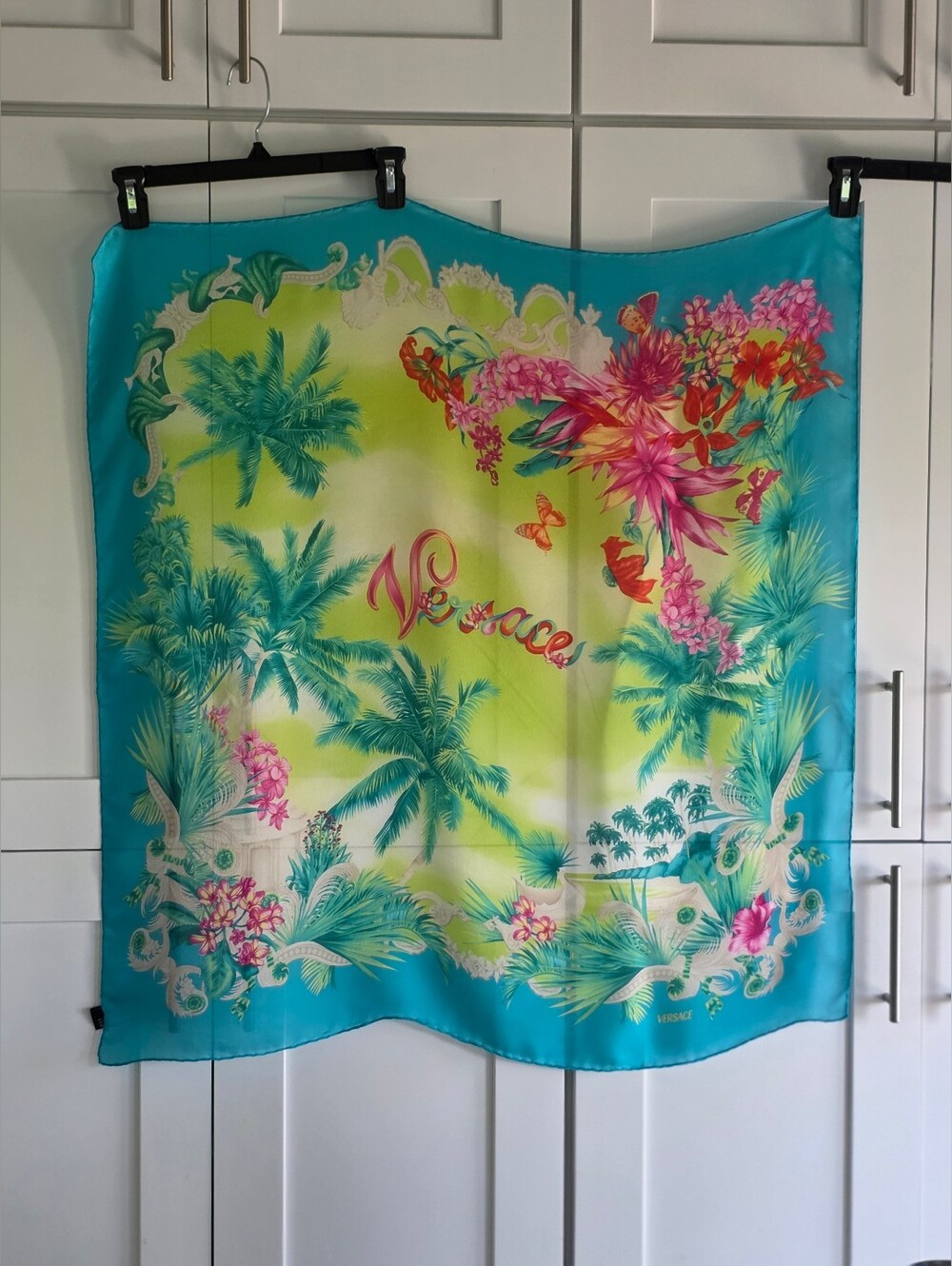 RARE Versace Tropical Silk Scarf -  Spectacular Turquoise, Lime & Pink Floral